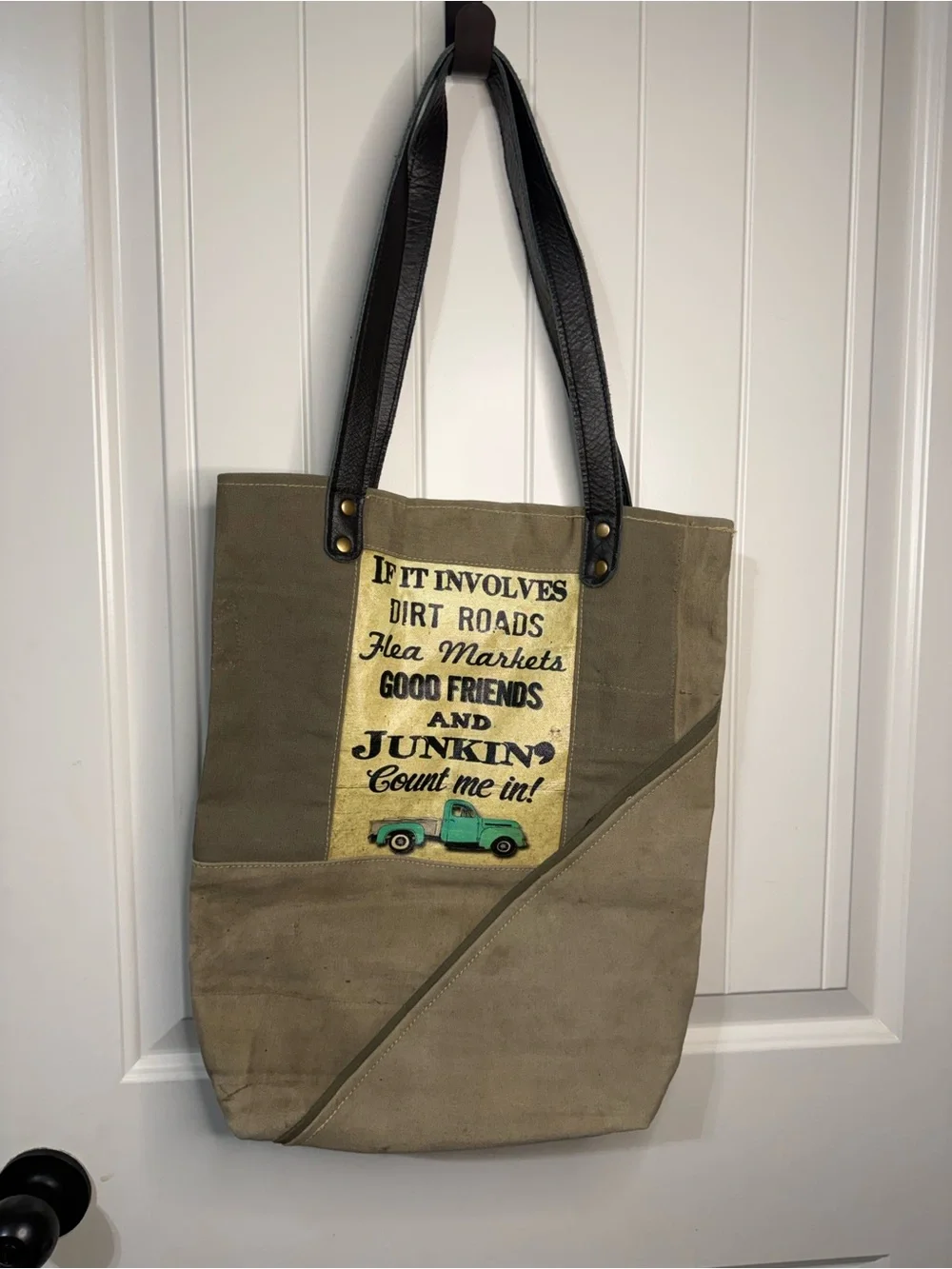 Canvas Hobo Tote in Olive with Black Handles and Green Accent Patch
